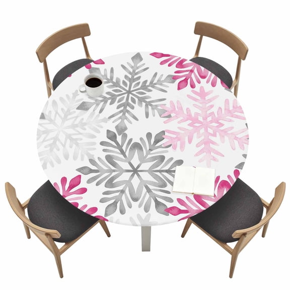 Pink Grey Snowflakes Round Fitted Tablecloth with Elastic Edge Winter Abstract Winter Watercolors Snow Table Cover Fit for 55"-60" Tables Waterproof Tablecloths for Dinner Camping Picnic