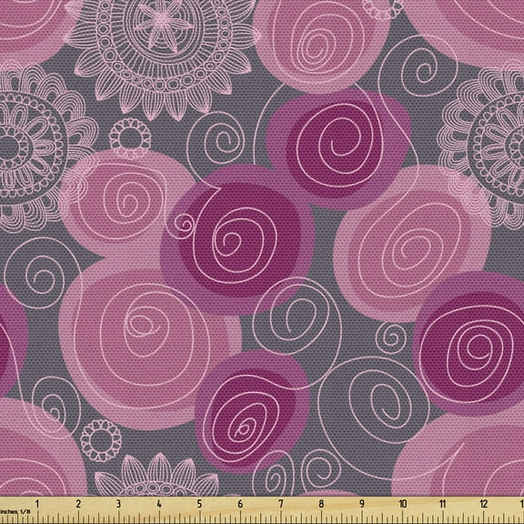 Ambesonne Pink and Grey Fabric by the Yard Upholstery, Lace Swirled Circle, 5 Yards, Fuchsia Magenta Grey