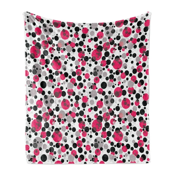 Pink and Grey Soft Flannel Fleece Throw Blanket, Bubbles Circle Dots Retro Style Abstract Round Grungy Nostalgic Image, Cozy Plush for Indoor and Outdoor Use, 50" x 60", Grey Pink Black, by Ambesonne