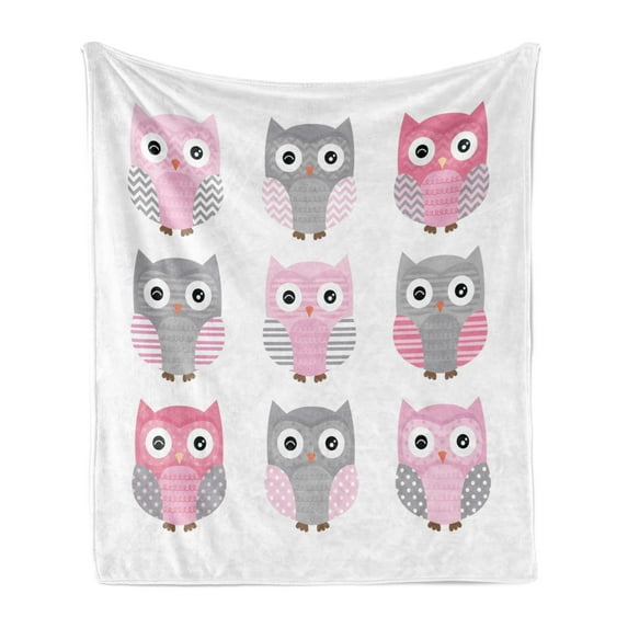 Pink and Grey Soft Flannel Fleece Throw Blanket, Owl Nocturnal Exotic Mystic Forest Night Animals Illustration, Cozy Plush for Indoor and Outdoor Use, 70" x 90", Blush Grey, by Ambesonne