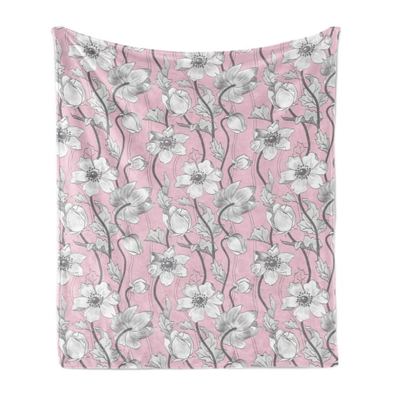 Pink and Grey Soft Flannel Fleece Throw Blanket, Vintage Floral Anemones Fragrance Soft Toned Yoga Botanical Beauty Art, Cozy Plush for Indoor and Outdoor Use, 50" x 70", Rose Pale Grey, by Ambesonne