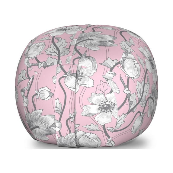 Pink and Grey Storage Toy Bag Chair, Vintage Floral Anemones Fragrance Soft Toned Yoga Botanical Beauty Art, Stuffed Animal Organizer Washable Bag, Large Size, Rose Pale Grey, by Ambesonne