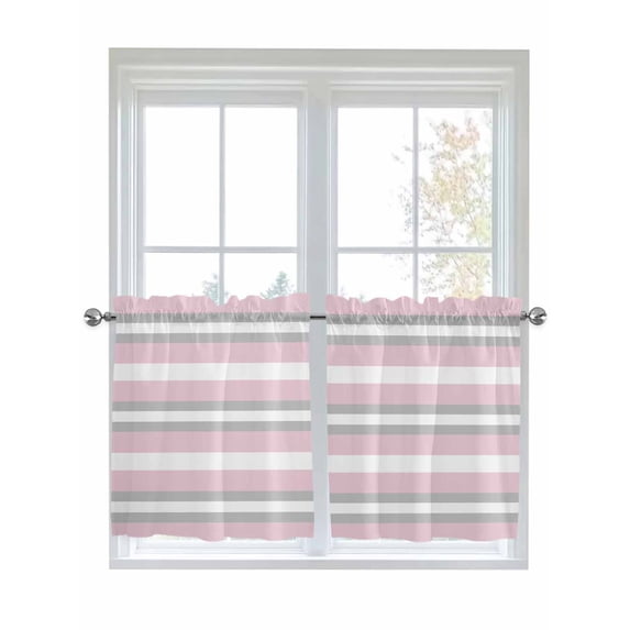 Pink Grey Stripe Half Window Curtains 24 Inches Long, Farmhouse Modern Art Striped Window Treatment Curtain Drapes, Short Curtains Tiers for Kitchen Over Sink, 27.5"x24", 2 Panels