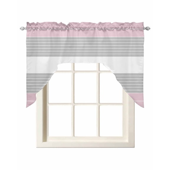 Pink Grey Stripe Kitchen Curtains Swag Valance for Windows/Bathroom/Cafe, Modern Art Horizontal Striped Rod Pocket Drape Panel Swag Curtain Valance for Bedroom/Living Room 55''x36''