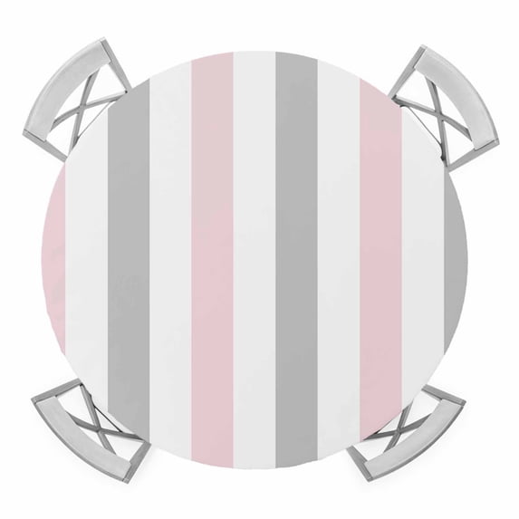 Pink Grey Stripe Round Fitted Tablecloth with Elastic Edge, Waterproof Table Cloth Table Cover for 55"-60" Tables, Modern Farmhouse Vertical Striped Tablecloths for Dining Picnic Indoor Outdoor