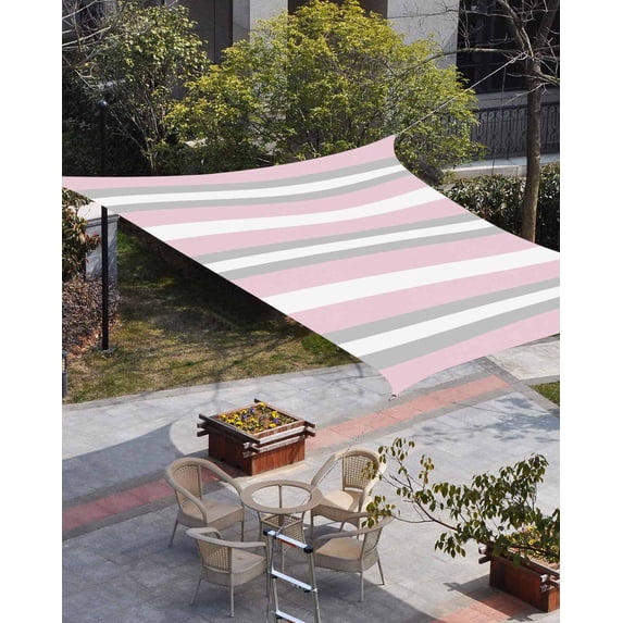 Pink Grey Stripe Sun Shade Sail 14'x18' Rectangle Outdoor Shade Canopy, Minimalist Farmhouse Striped Porch Shades Outdoor Sun Blocking Screen, Sunshade Cloth Covers for Patio/Deck/Garden