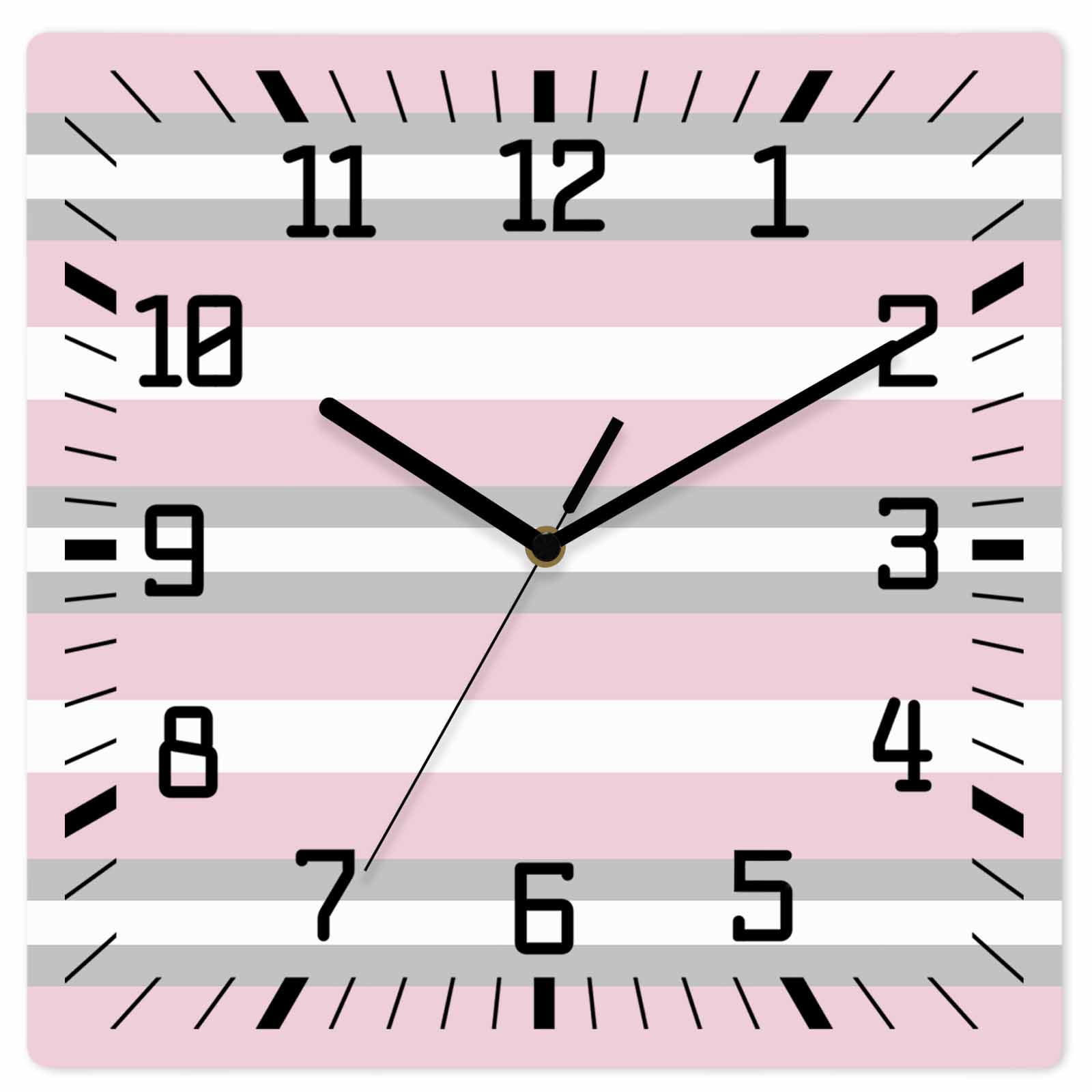 Pink Clock Square Pink Grey Stripe Wooden Wall Clock Silent Non Ticking, Farmhouse Modern ...