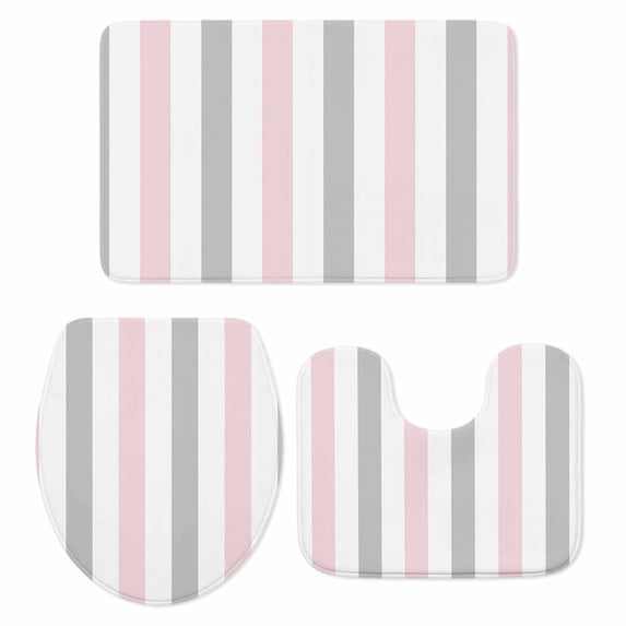 Pink Grey Striped Bath Mat 3 Piece Bathroom Rug Set, Geometric Vertical Stripes Minimalist Non Slip Bath Rug Contour Mat and Toilet Lid Cover, Absorbent Shower Mats Soft Bath Rugs and Mats Sets