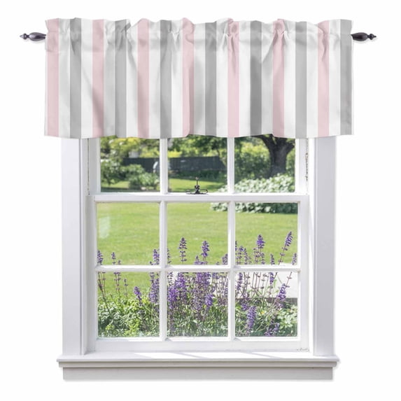 Pink Grey Striped Kitchen Curtain Valances for Windows Farmhouse Short Curtains, Geometric Vertical Stripes Minimalist Rod Pocket Valance Curtain for Bedroom Cafe Living Room 60"x18"