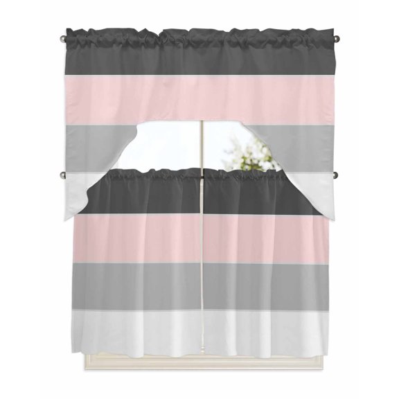 Pink Grey Striped Kitchen Curtains Swag Valance and Tier Curtains Set 36 Inch Length, Farmhouse Modern Rod Pocket Drape Panels Pair Swag Curtains for Bathroom/Cafe/Window