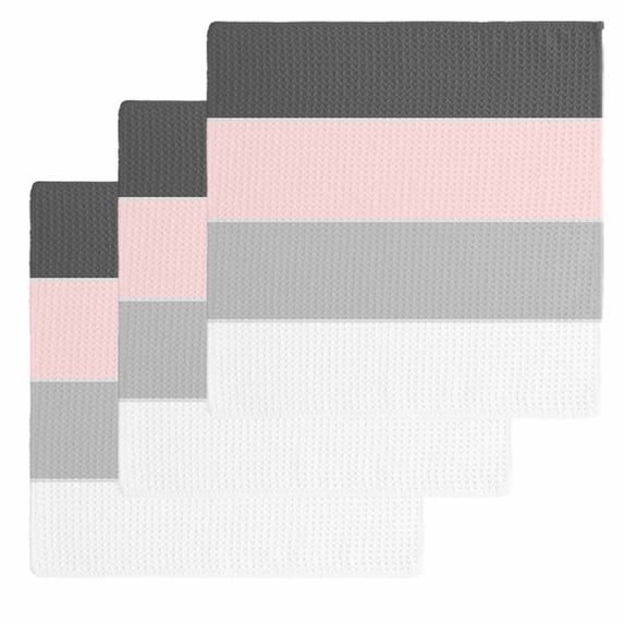 Pink Grey Striped Kitchen Dish Towels for Drying Dishes Set of 3, Farmhouse Modern Waffle Weave Microfiber Hand Tea Bathroom Towels Quick Dry & Absorbent Towel 12x12