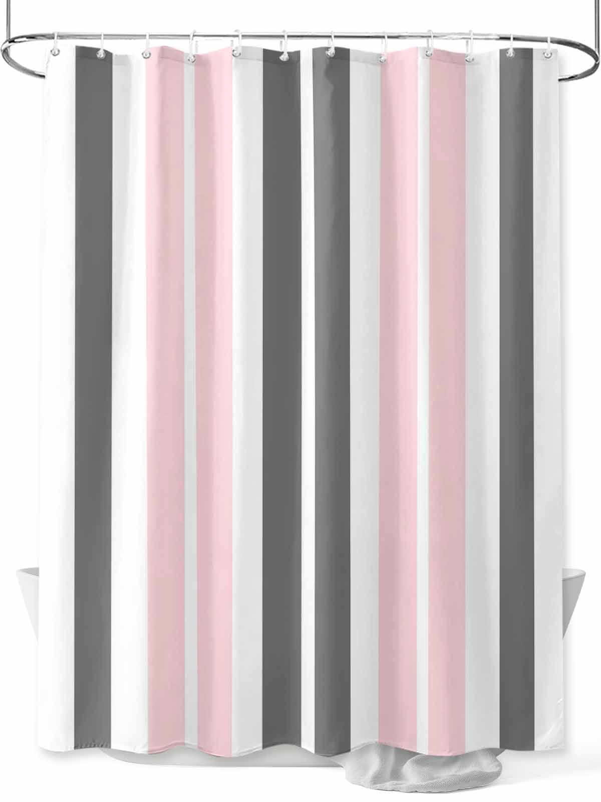 Pink Grey Striped Long Shower Curtain Set, Waterproof Shower Curtains for Bathroom, Gray Modern Abstract Art Washable Fabric Cloth Bath Curtain for Bathtub Decoration with Hooks 72x84 Inches
