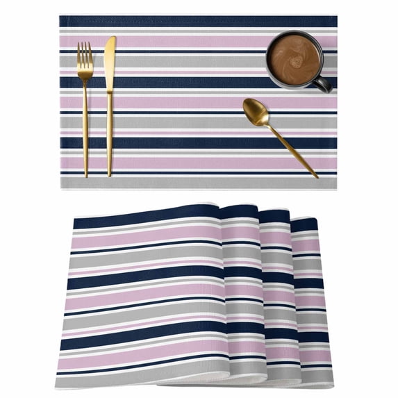 Pink Grey Striped Placemats Set of 6, Farmhouse Stripes Modern Abstract Art Placemats for Dining Table, Place Mats for Kitchen Tabletop, Waterproof Wipeable Dining Table Mats Set