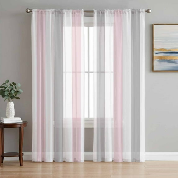 Pink Grey Striped Semi Sheer Curtains 108 Inch Length 2 Panels Set, Geometric Vertical Stripes Minimalist Sheer Kitchen Curtain Privacy Voile Window Curtain for Living Room Bedroom Rod Pocket Drapes