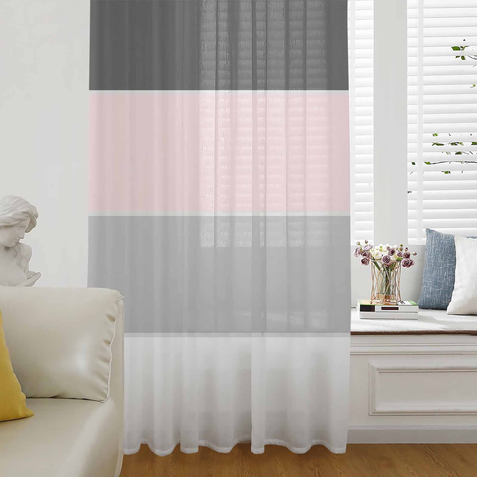 Pink Grey Striped Semi Sheer Curtains Drapes for Living Room, Bedroom