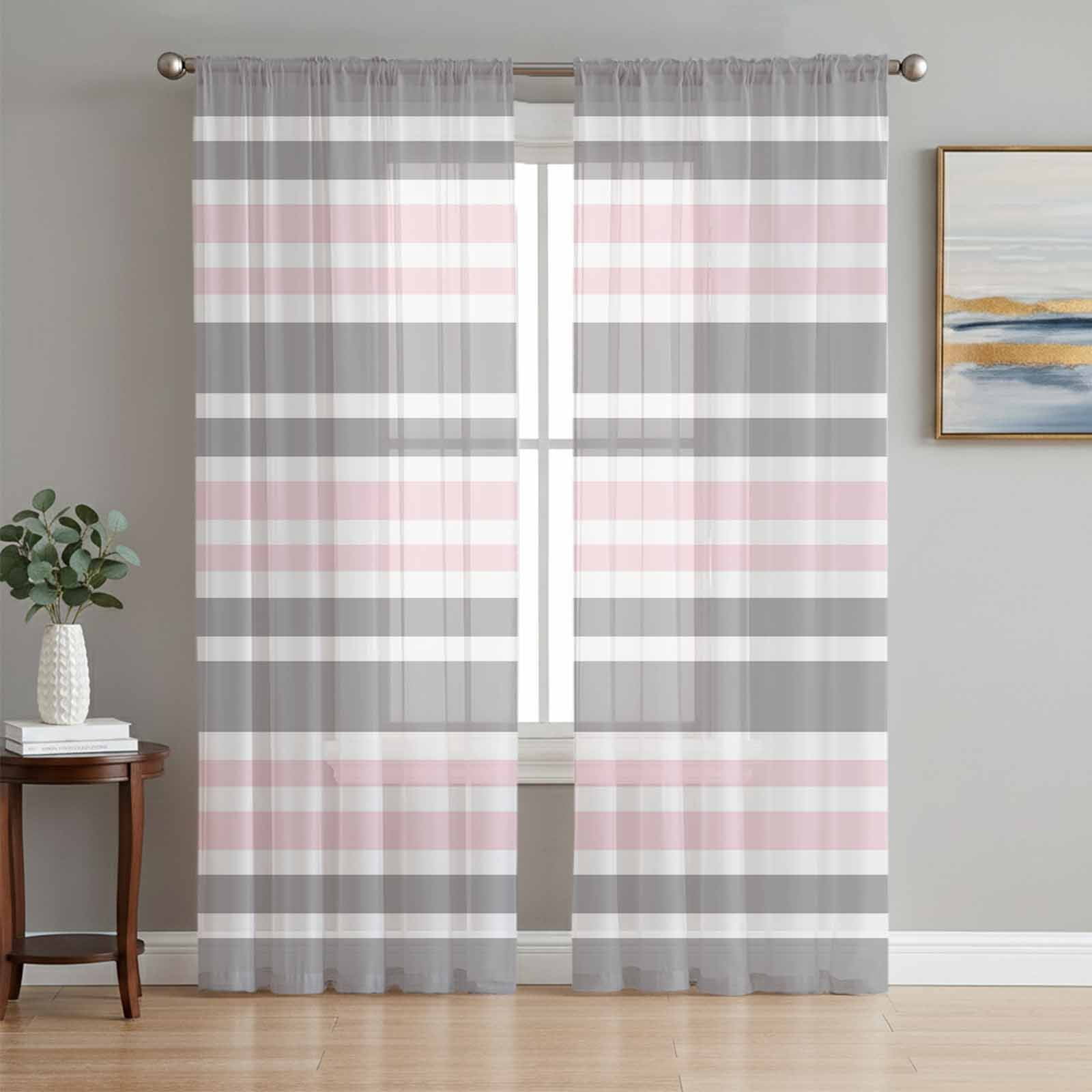 Pink Grey Striped Sheer Curtains 96 Inch Length 2 Panels Set