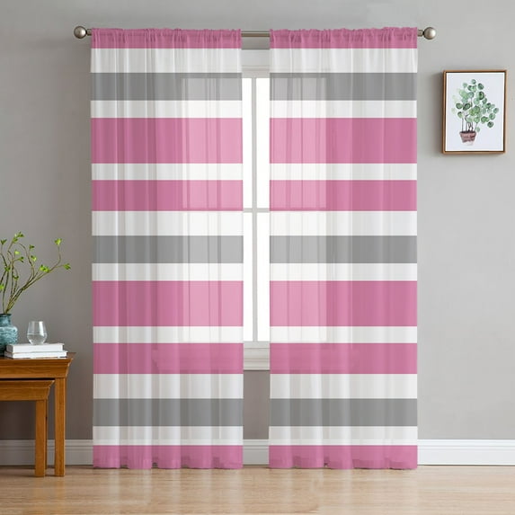 Pink Grey Striped Sheer Curtains 96 Inches Long 2 Panels Set, Window Sheer Curtains for Living Room/Bedroom, Modern White Abstract Art Aesthetics Light Filtering Rod Pocket Curtain 52'' x 96'' x 2
