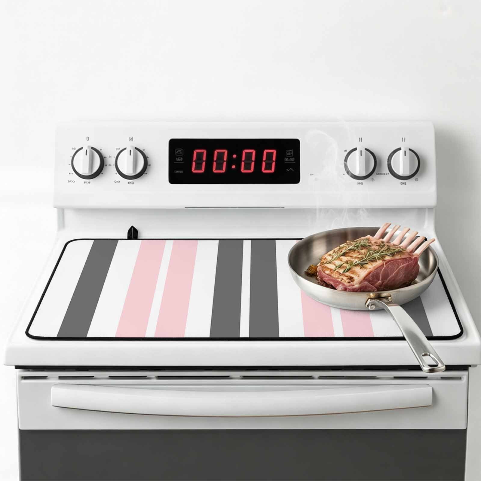 Pink Grey Striped Stove Top Cover for Electric Stove, Heat-proof & Non Slip Glass Top Stove Cover Protector, Gray Modern Abstract Art Kitchen Flat Cooktop Rubber Mat 28.5x20.5 Inches
