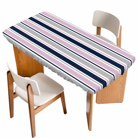 Pink Grey Striped Table Cloths for 4 Foot Rectangle Tables, Farmhouse Stripes Modern Abstract Art Patio Waterproof Elastic Fitted Tablecloths, Washable Rectangular Table Cover for Camping