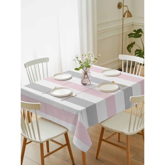 Pink Grey Striped Tablecloth Rectangle Table Cloth 52x70, Waterproof Tablecloth Outdoor Table Cloth, Geometric Vertical Stripes Minimalist Washable Table Cover for Kitchen Dinning Party
