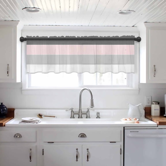 Pink Grey Striped Valance Curtains for Kitchen/Living Room/Bathroom/Bedroom Window, Farmhouse Modern Rod Pocket Small Topper Half Short Window Curtains Voile Sheer Scarf 60"x18"