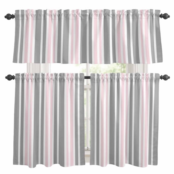 Pink Grey Stripes Kitchen Curtains Sets for Windows 24 Inch Length, Simple Striped Lines Minimalist Modern Rod Pocket Window Treatments Tier Curtains and Valances Set for Bedroom/Bathroom