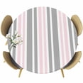 thumbnail image 1 of Pink Grey Stripes Round Tablecloth, Fitted Table Cover with Elastic for 55"-60" Round Tables, Simple Striped Lines Minimalist Modern Table Cloth Outdoor Indoor Dinning Party Waterproof Tablecloths, 1 of 7