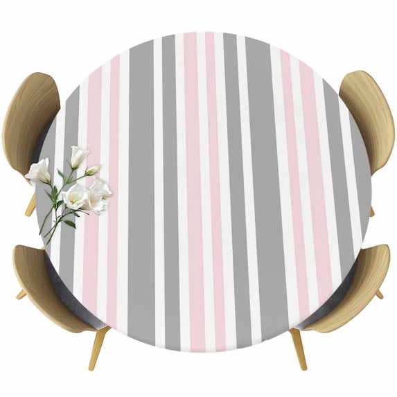 Pink Grey Stripes Round Tablecloth, Fitted Table Cover with Elastic for 55"-60" Round Tables, Simple Striped Lines Minimalist Modern Table Cloth Outdoor Indoor Dinning Party Waterproof Tablecloths