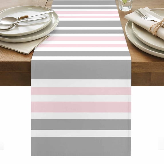 Pink Grey Stripes Table Runner - 90 Inch Long, Kitchen Dining Table Runner Dresser Scarves, Simple Striped Lines Minimalist Modern Farmhouse Decor for Coffee Tables Wedding Party Banquet