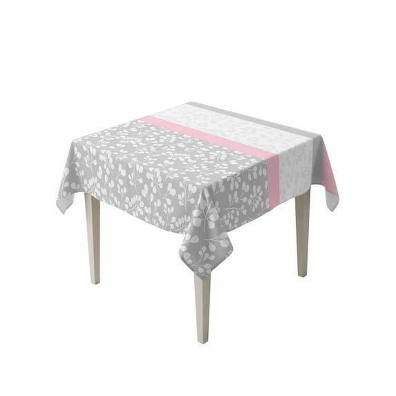 Pink Grey Table Cloth, Chic Garden Floral Stripe Aesthetic Flower Boho Waterproof Tablecloth for Square Tables, Reusable Washable Fabric Table Cover for Restaurant Kitchen Dining Tables 60"x60"