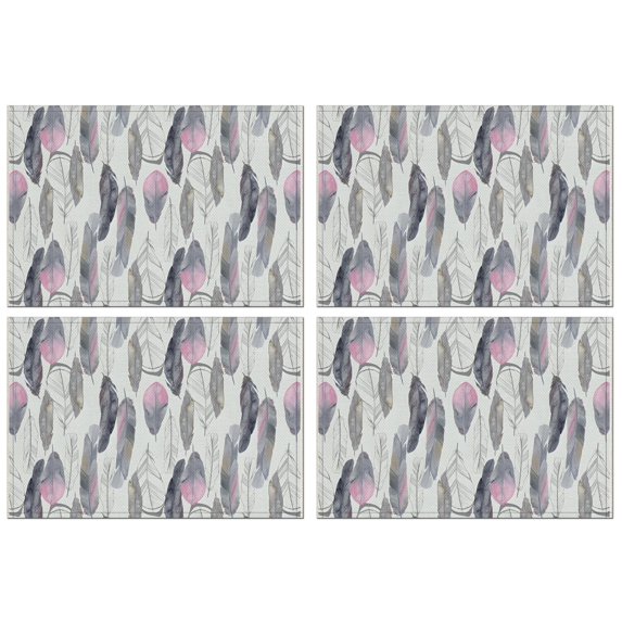 Pink and Grey Watercolor Feather Pattern Summer Placemats Table Placemats Set Of 4-Linen Kitchen Washable Placemats Table Mats 11.8"x17.7" Non-Slip Heat Resistant