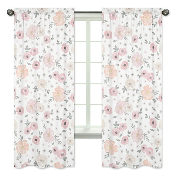 Pink Grey Watercolor Floral Semi-Sheer Rod Pocket Curtain Panels (Set of 2) by Sweet Jojo Designs