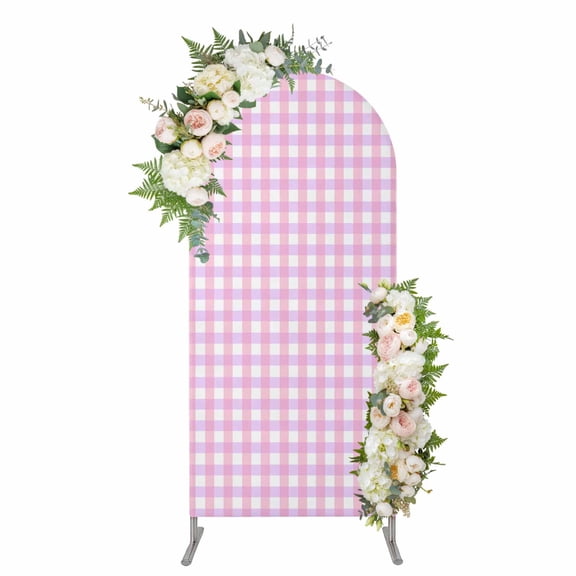 Pink Grid Arch Backdrop Cover 4FT, Checkered Plaid Gingham Lattice Trellis Print Spandex Fitted Stretchy Arch Stand Covers, Round Top Chiara Backdrop Cover for Wedding Party Birthday Baby Shower