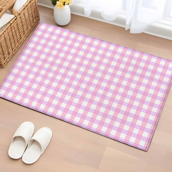 Pink Grid Bathroom Rug Washable 2x3 Entryway Rug Non Slip Checkered Plaid Gingham Lattice Trellis Print Front Door Mat Low Pile Indoor Doormat Throw Floor Carpet for Kitchen Bedroom Entrance