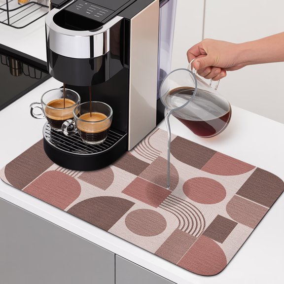 Pink Grid Blocks Dish Drying Mats for Kitchen Counter, Boho Abstract Minimalist Geometric Linen Texture Absorbent Coffee Bar Mat with Non-slip Rubber Backed Quick Drying Dish Rack Pad 12"x16"