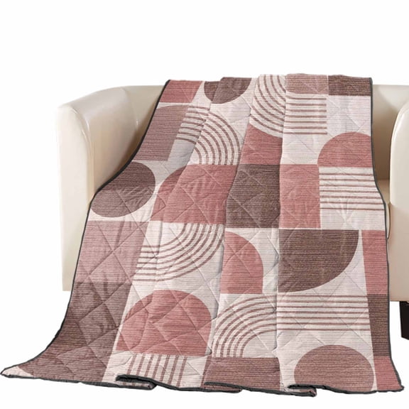 Pink Grid Blocks Quilted Comforters Cooling Blanket Oversized Queen Size, Boho Abstract Minimalist Geometric Linen Texture Cold Comfort for Hot Sleepers Air Conditioning Quilt Blanket for Bed