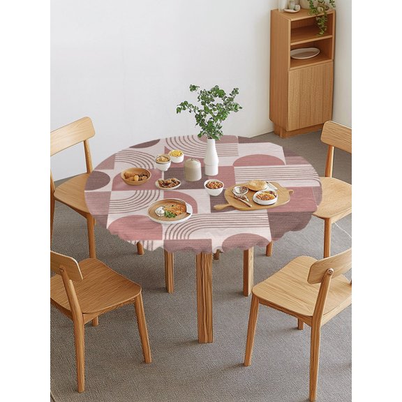 Pink Grid Blocks Round Fitted Tablecloth with Elastic Edge, Boho Abstract Minimalist Geometric Linen Texture Waterproof Stretch Table Covers for 36"-44" Tables Wipeable Table Cloth for Outdoor