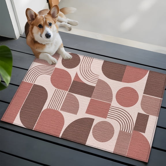 Pink Grid Blocks Small Area Rugs 2x3 Boho Abstract Minimalist Geometric Linen Texture Entryway Rugs Washable Door Mat, Low-Profile Area Rugs Non Slip Floor Carpet for Living Room Bedroom Home Office