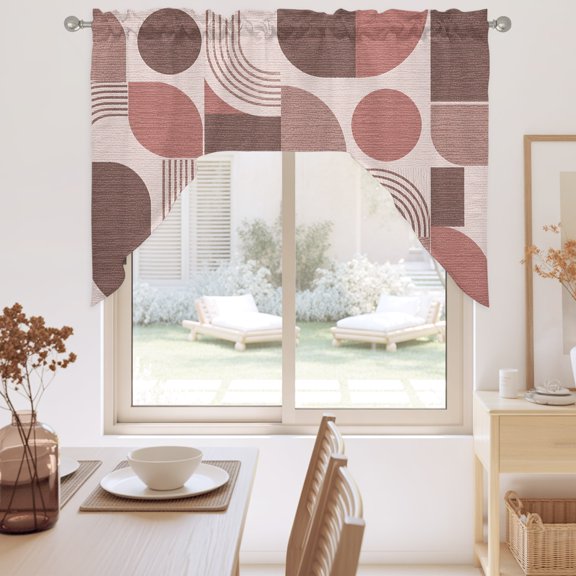 Pink Grid Blocks Swag Valance for Windows, Boho Abstract Minimalist Geometric Linen Texture Swag Curtains Valances for Small Window Treatment Rod Pocket for Kitchen Bathroom 1 Panel 56x36in