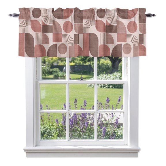 Pink Grid Blocks Valance Curtain 1 Panel, Boho Abstract Minimalist Geometric Linen Texture Kitchen Valance with Rod Pocket Window Treatment Short Curtains for Bathroom Bedroom, 42 x 12 Inches