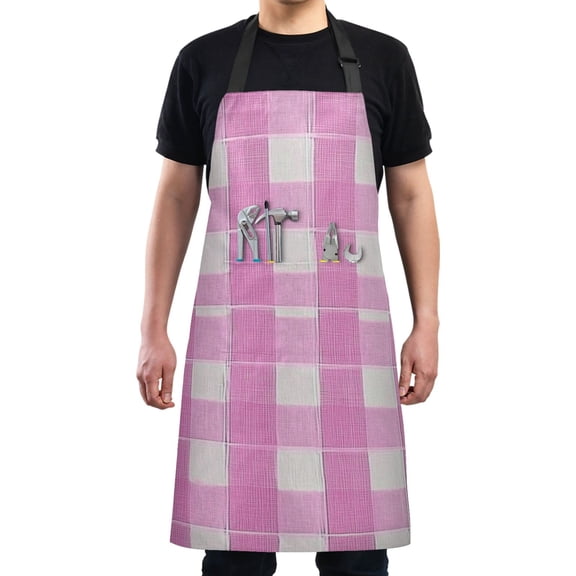 Pink Grid Chef Kitchen Apron with Pockets for Women Waterproof Aprons for Cooking Baking