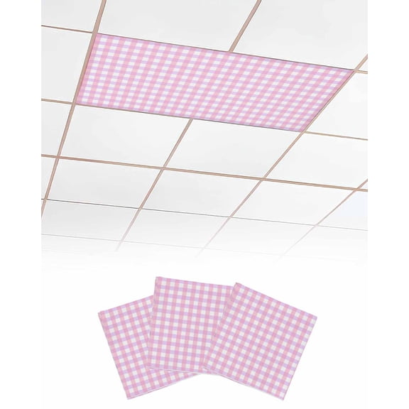 Pink Grid Fluorescent Light Covers for Ceiling Lights 4x2 feet,3 Pack Magnetic Light Filters for Classroom,Checkered Plaid Gingham Lattice Trellis Print Fluorescent Light Shade Panel for Office
