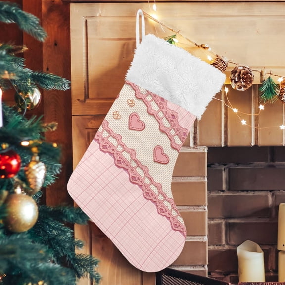 Pink Grid Hearts Lace Cute Valentine Christmas Stockings Large Capacity 17.71" Gift Bag with Hook Xmas Holiday Decor 1 Pack