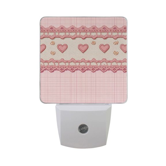 Pink Grid Hearts Lace Cute Valentine LED Night Light Sensor Lamp Plug-in Adjustable Brightness 2 Pack