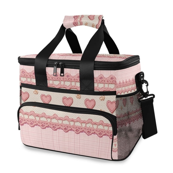 Pink Grid Hearts Lace Cute Valentine Portable Cooler Lunch Box Reusable Insulated Lunch Bag Leakproof 15L