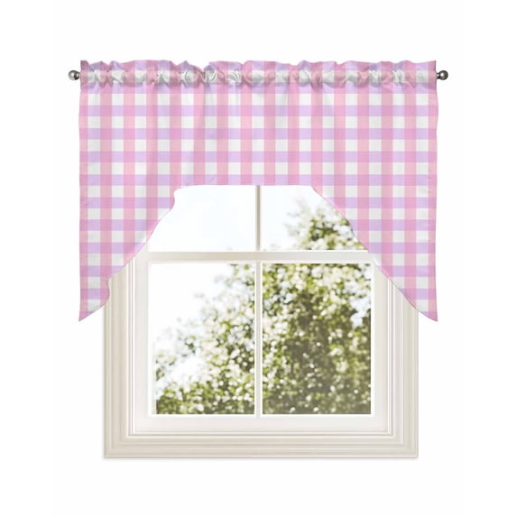Pink Grid Kitchen Curtains Swag Valance for Windows/Bathroom/Cafe, Checkered Plaid Gingham Lattice Trellis Print Rod Pocket Drape Panel Swag Curtains Valance for Bedroom/Living Room 56"x36"
