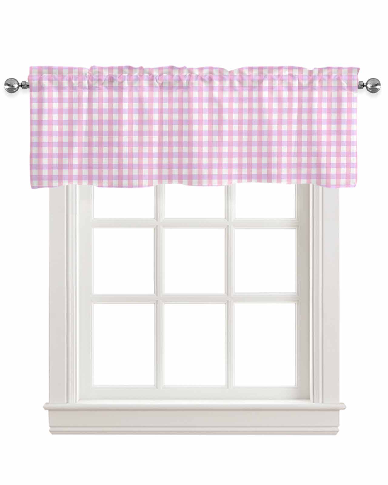 Pink Grid Kitchen Valances for Windows Farmhouse Linen Window Valance Curtain for Living Room Window Treatment Checkered Plaid Gingham Lattice Trellis Print Valance Rod Pocket Topper, 54 x 18 Inch