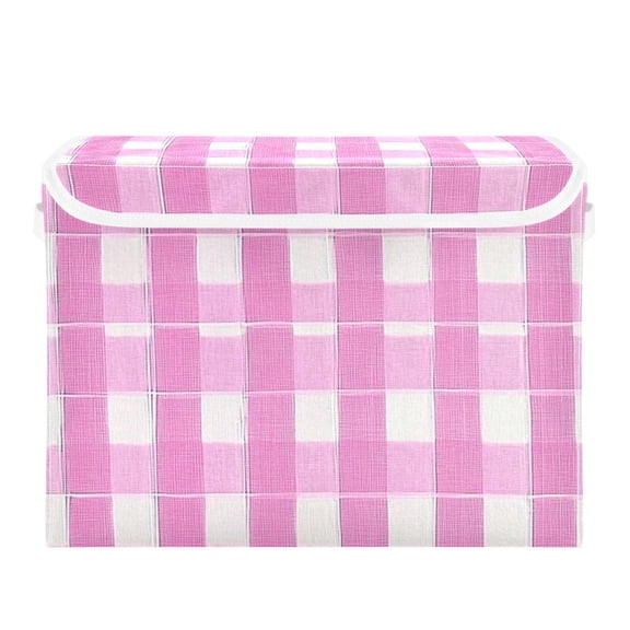 Pink Grid Large Storage Bins with Linen Collapsible Lid Storage Box 16.7 x 12.6 x 11.8in