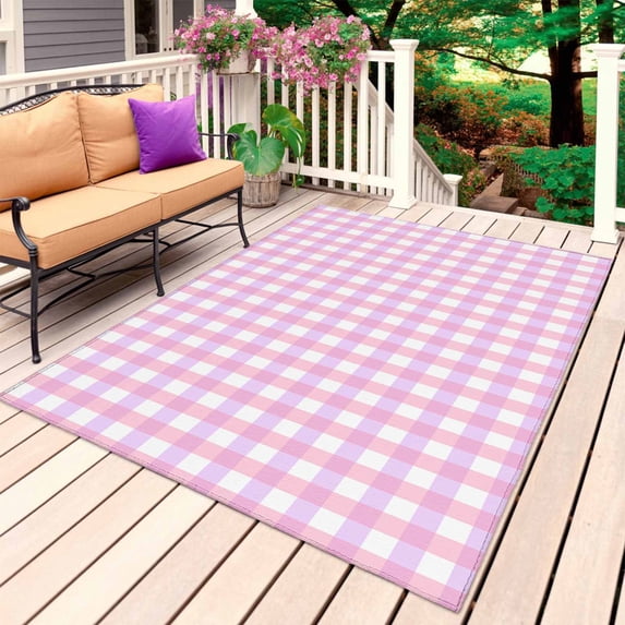 Pink Grid Outdoor Rug for Patio/Deck/Porch, Non-Slip Large Area Rug 5 x 7 Ft, Checkered Plaid Gingham Lattice Trellis Print Indoor Outdoor Rugs Washable Area Rugs, Camping Rug Carpet Runner