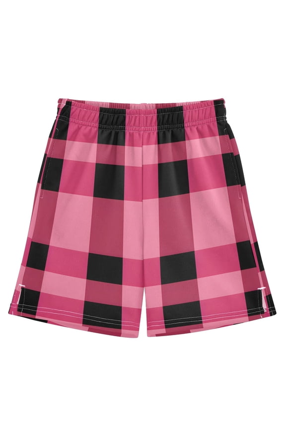 Pink Grid Pattern Athletic Shorts Breathable with Comfort Fit Drawstring Casual Sweatshorts Large